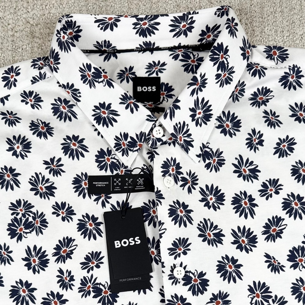 NEW Hugo Boss Mens 3XL Floral Performance Slim Fit Short Sleeve Button Up Shirt